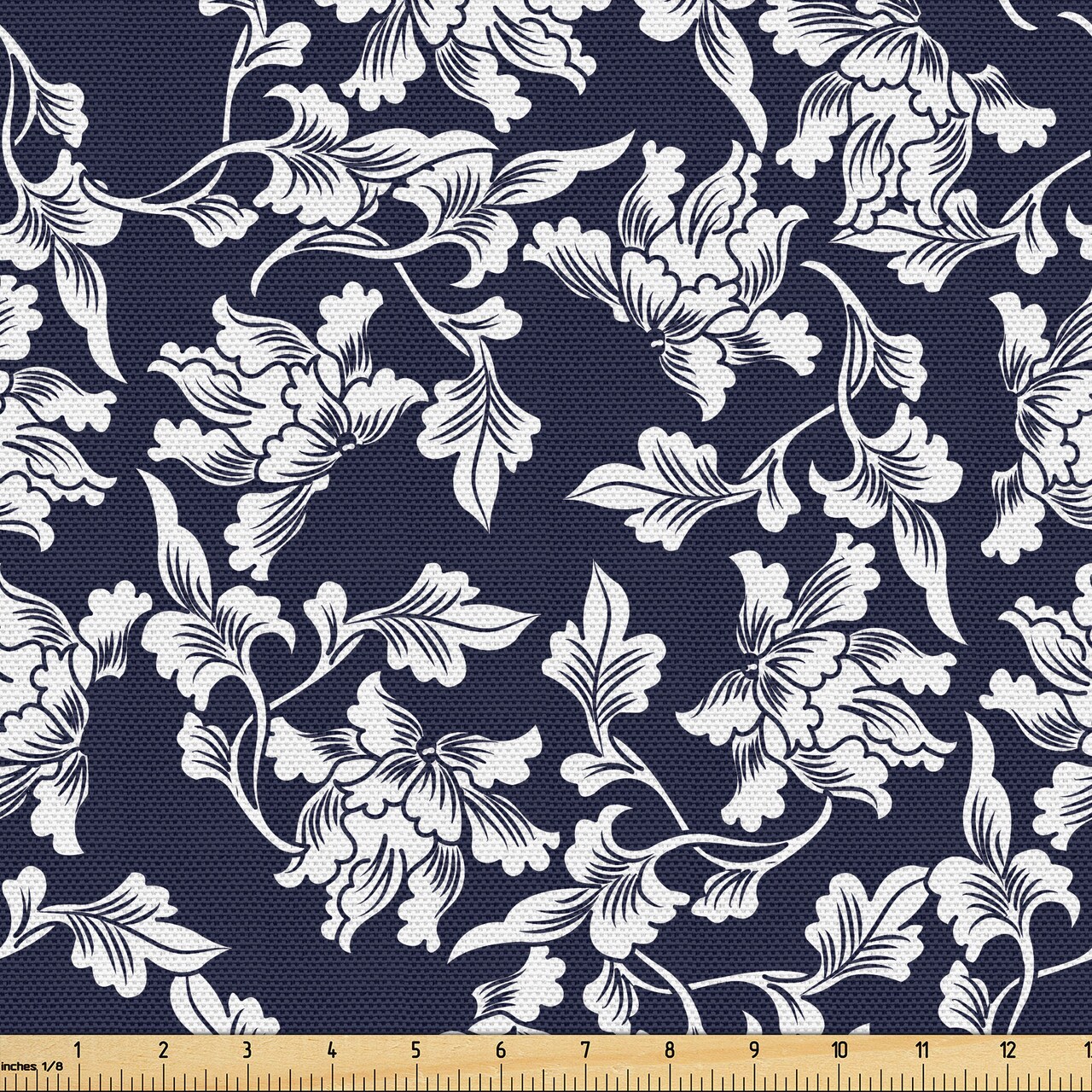 Ambesonne Navy Blue Fabric by The Yard Floral Arrangement Botanic Foliage Pattern Japanese Composition Eastern Decorative Fabric for Headboard Upholstery Table Runner Seat Cushion 2 Yards Blue White